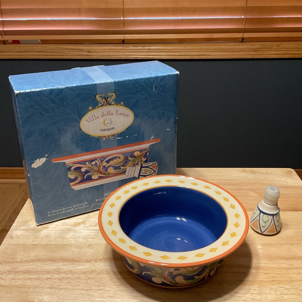 Pfaltzgraff Villa Della Luna Wine Bottle Coaster With Stopper. Blue and Orange.